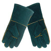 A pair of dark green heavy duty cowhide leather welding and work gloves shown in a diagonal view.