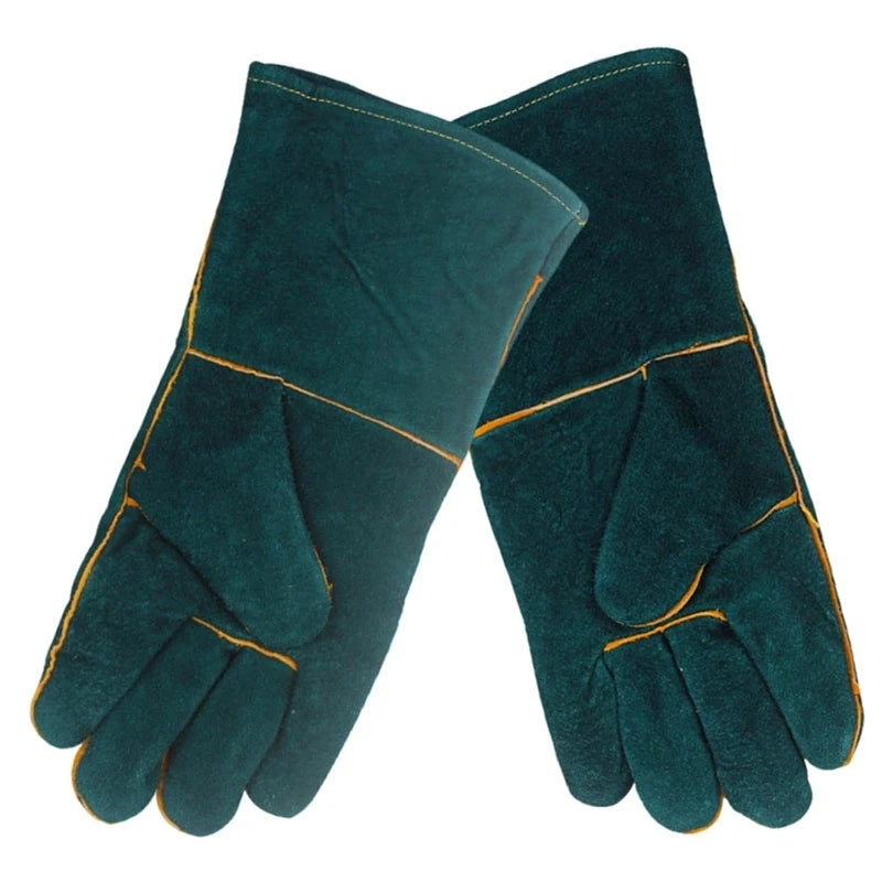 A pair of dark green heavy duty cowhide leather welding and work gloves shown in a diagonal view.