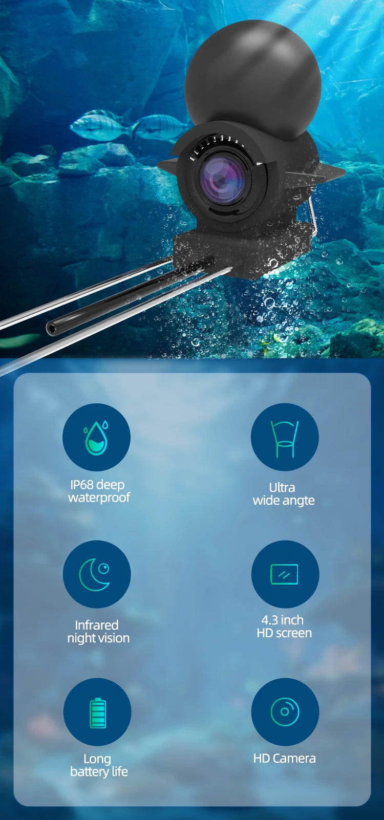 A black handheld underwater camera with a lens is shown against a blue aquatic background.