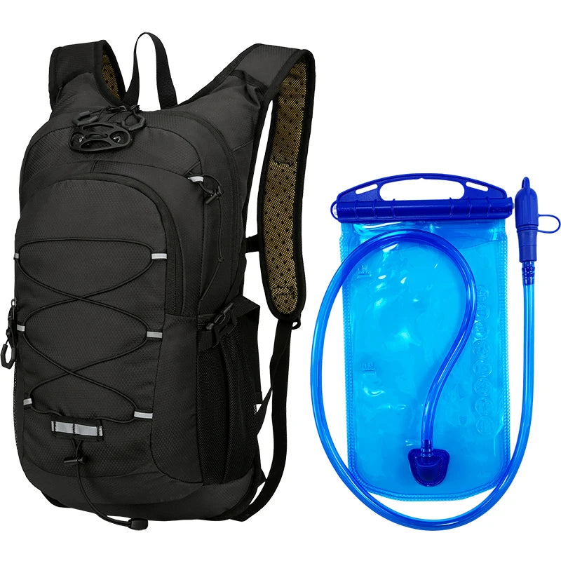 Black multipurpose outdoor backpack for hiking and sports with an attached blue water bag and hose