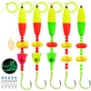 Five bright yellow and green catfish float rigs with attached rattler hooks