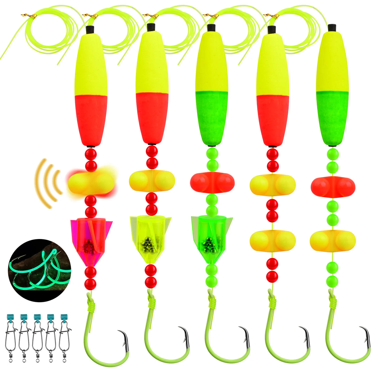 Five bright yellow and green catfish float rigs with attached rattler hooks