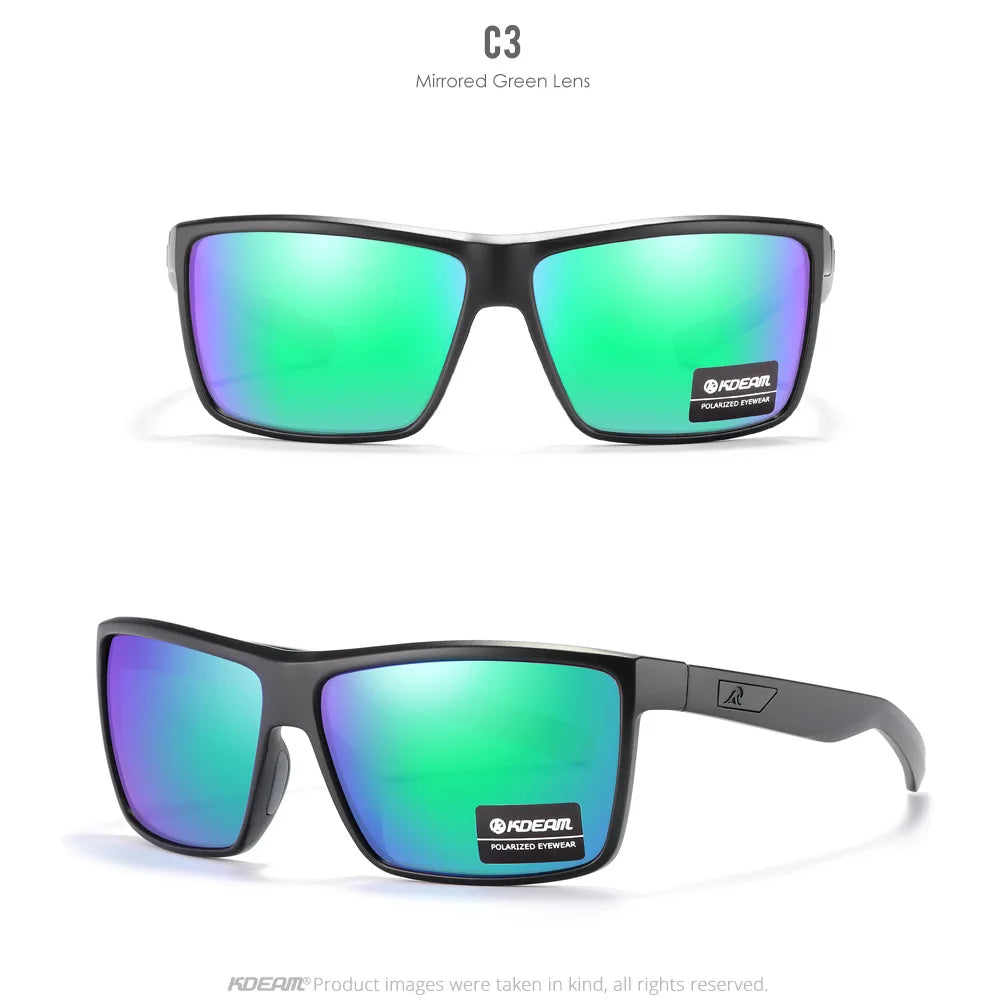 A pair of C3 mirrored green polarized sunglasses shown in a studio setting.