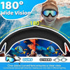 A person wearing 180 degree wide vision swimming goggles is shown with a curved lens design.