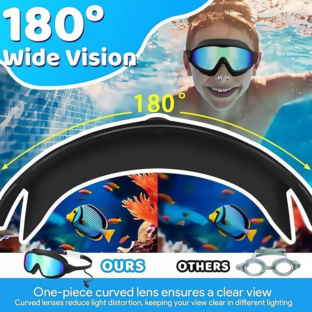 A person wearing 180 degree wide vision swimming goggles is shown with a curved lens design.