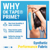 Image showing OK Tape product features and benefits including durability, tension, and reflective design on skin.