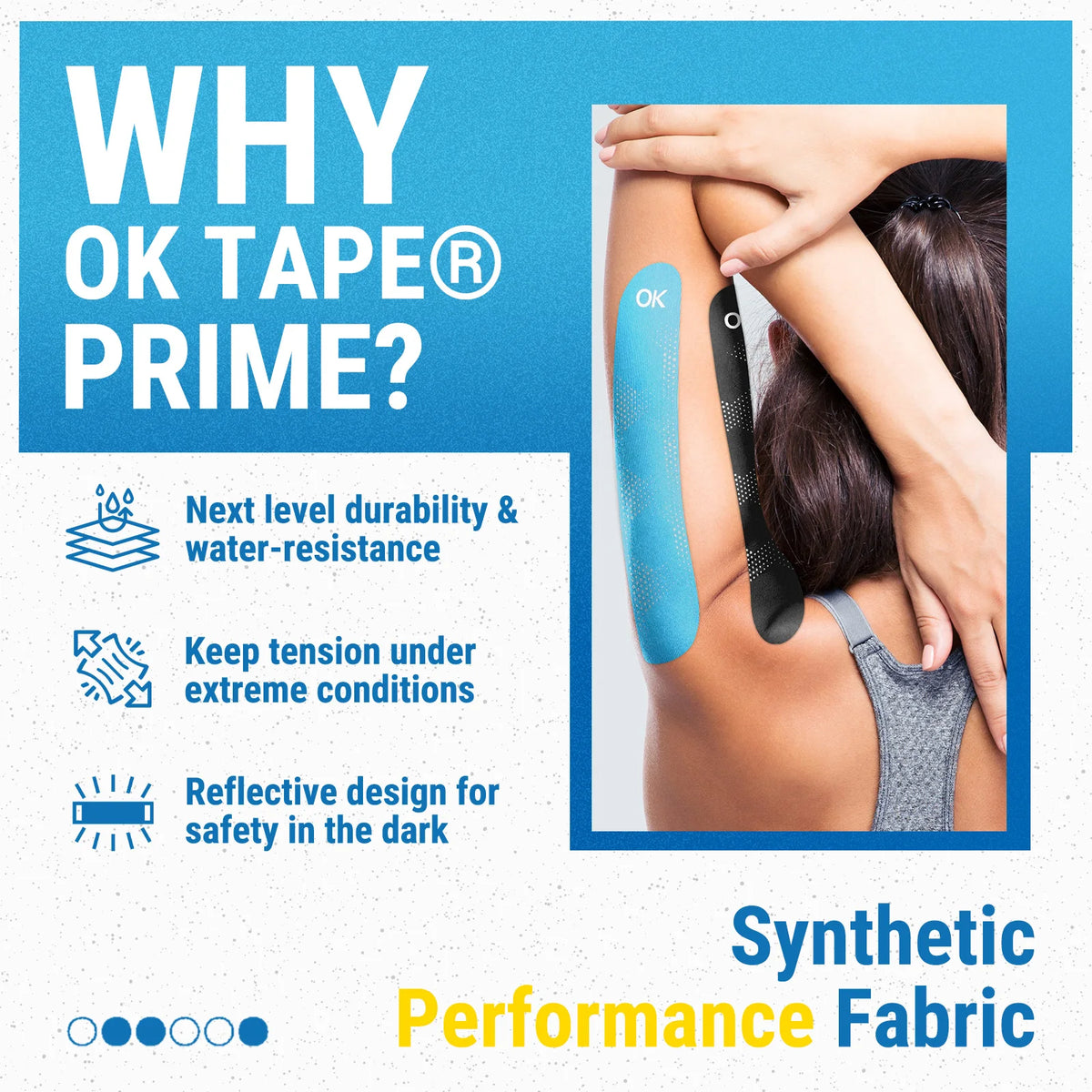 Image showing OK Tape product features and benefits including durability, tension, and reflective design on skin.