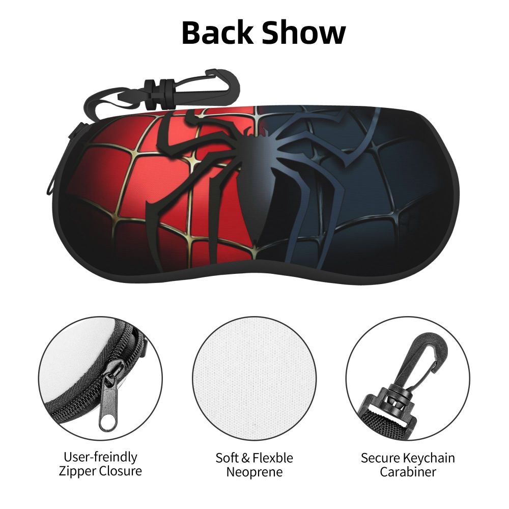Black and red spider web patterned back show pouch with a keychain carabiner