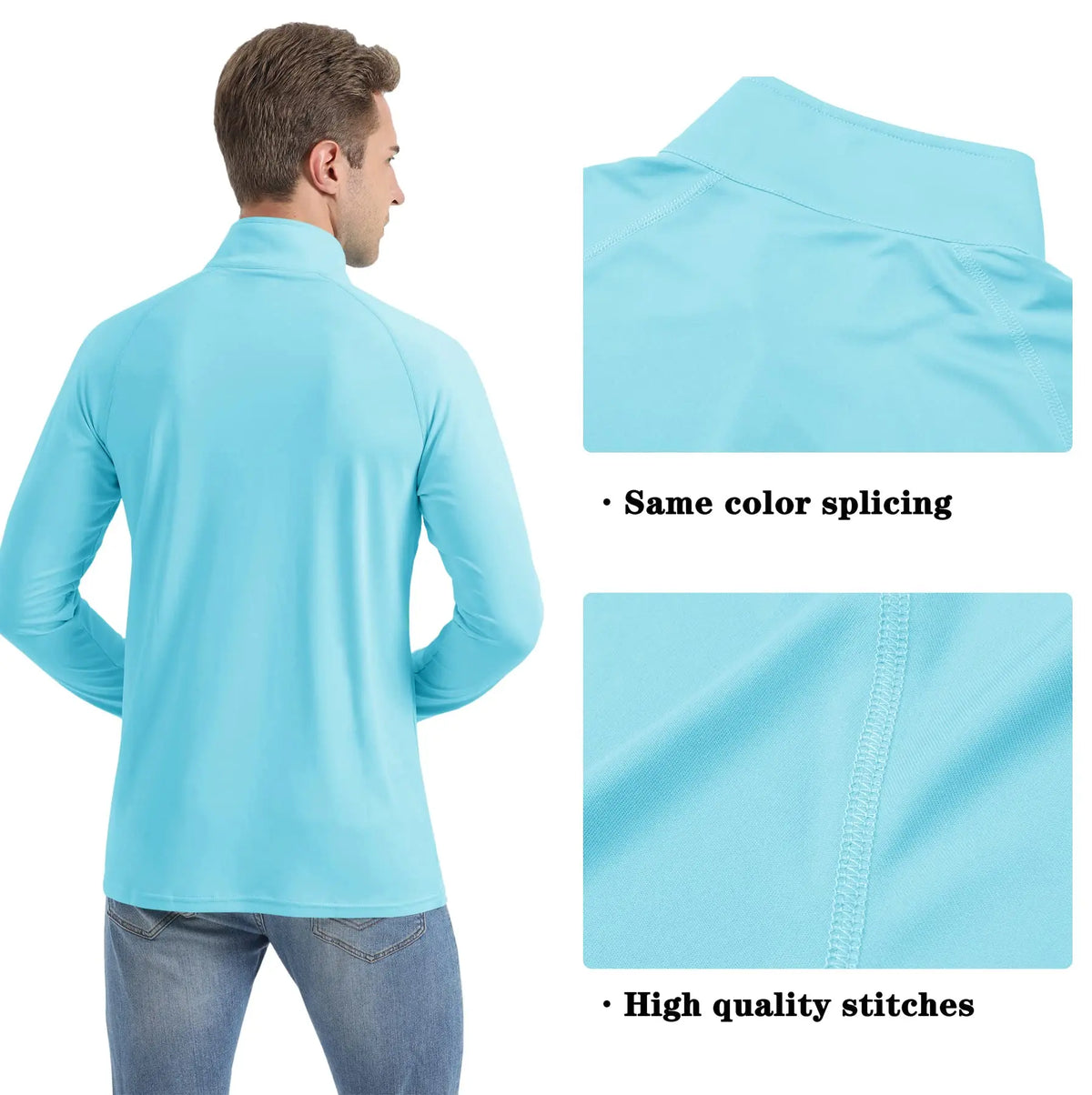 A man wearing a light blue long sleeve shirt, showing the back and detail stitching.