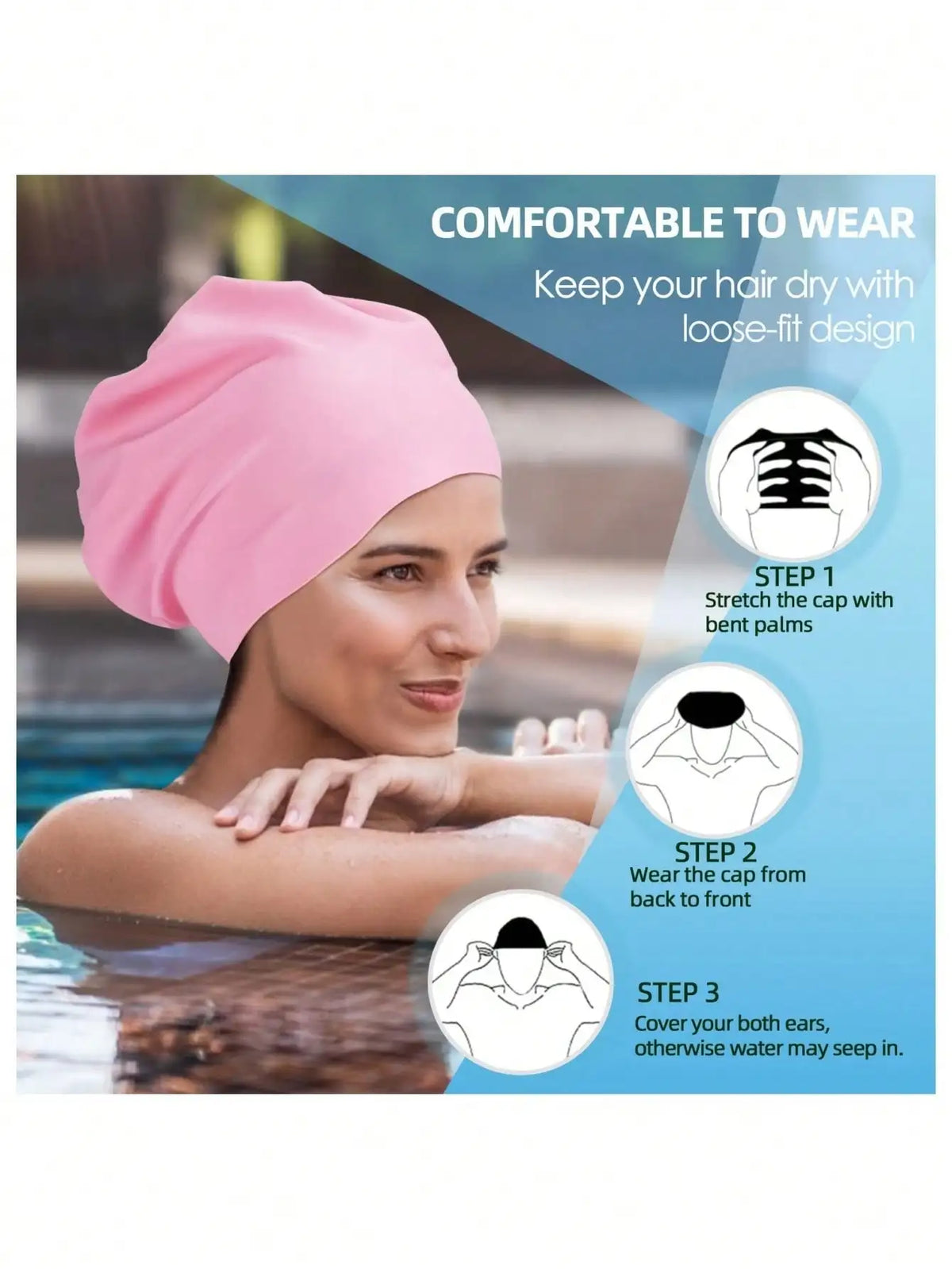 A woman wearing a pink silicone swim cap, demonstrating how to put it on for keeping hair dry.