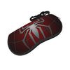 A dark red pouch designed to look like a spider web with a white spider design and a black strap.
