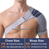 A person wearing a gray adjustable shoulder support brace for rotator cuff relief on their upper arm.
