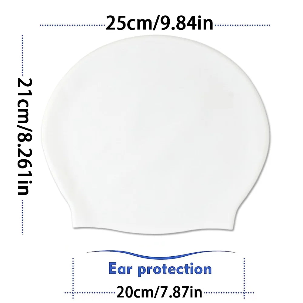 White silicone swimming cap with ear protection, measuring 25cm/9.84in.