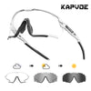 A pair of clear photochromic cycling sunglasses shown in various states of light and tint.