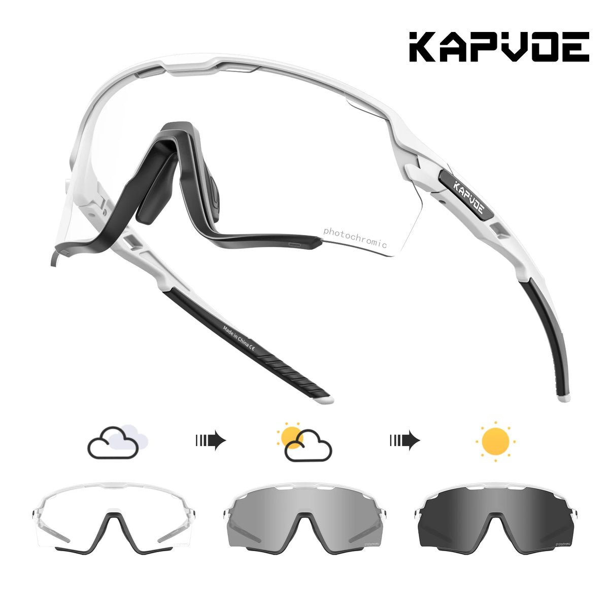 A pair of clear photochromic cycling sunglasses shown in various states of light and tint.