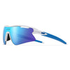 A pair of blue-tinted sports sunglasses with white and blue frames shown in a profile view.