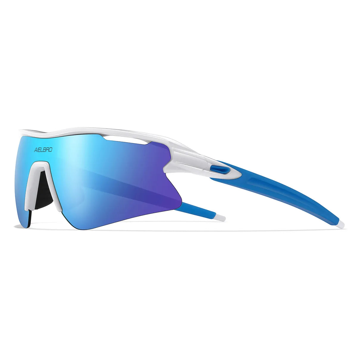 A pair of blue-tinted sports sunglasses with white and blue frames shown in a profile view.