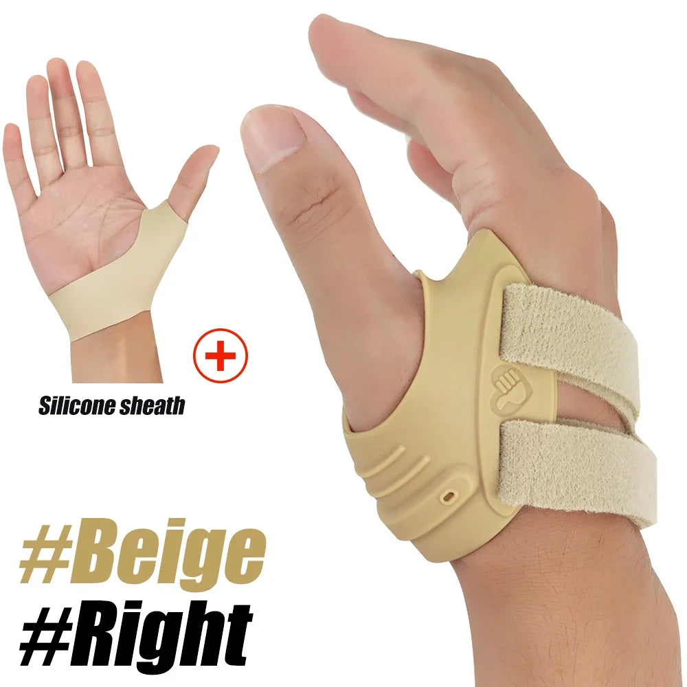 A beige silicone sheath brace worn on a hand and wrist for thumb joint stabilization.