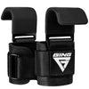 Black heavy duty weight lifting hooks with wrist wraps for gym equipment