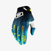 A close-up view of a blue and black durable motorcycle off-road cycling glove with yellow accents.