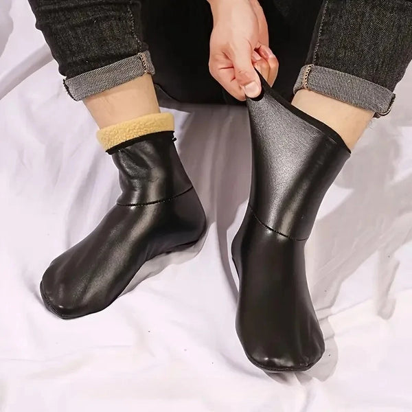 Une paire de bottes en cuir noir avec doublure sherpa beige portée sur un pied.
