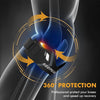 A black adjustable patellar tendon support knee brace is shown protecting a knee joint with a glowing circular graphic.