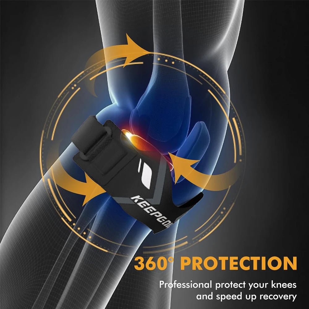 A black adjustable patellar tendon support knee brace is shown protecting a knee joint with a glowing circular graphic.