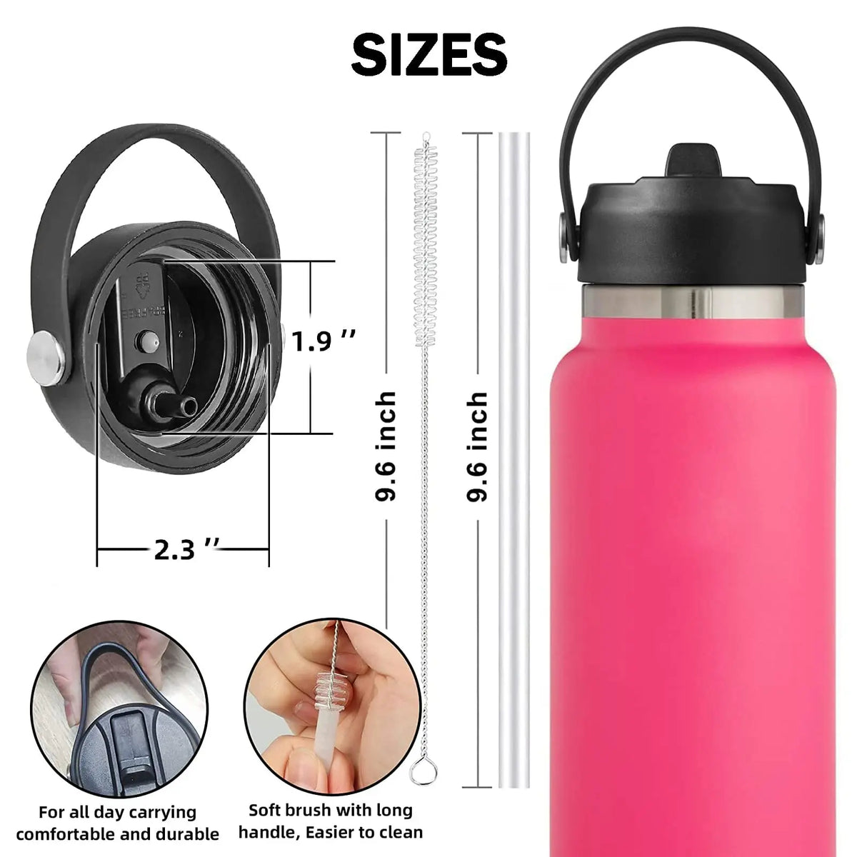 Pinkes flexibles Strohverschlussdeckel für eine Wasserflasche mit Größe und Merkmalen