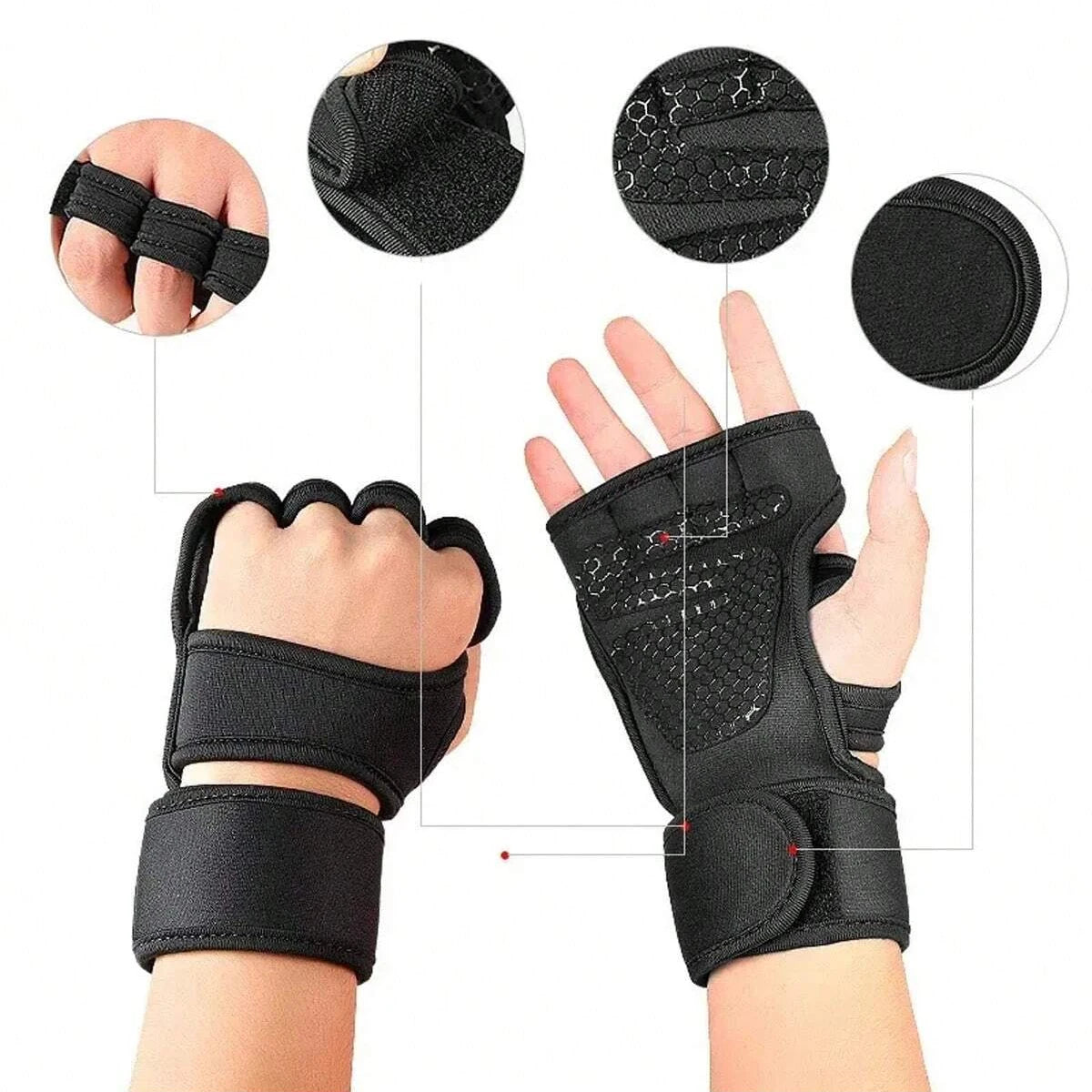 Black gym lifting workout gloves for hand and wrist protection shown in various angles