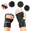 Black gym lifting workout gloves for hand and wrist protection shown in various angles