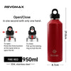 A red REVOMAX double-wall insulated stainless steel thermos showing open and closed states.