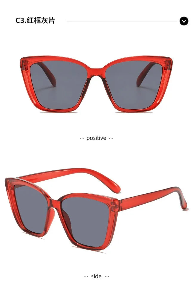 Red cat eye vintage sunglasses with gradient lenses shown from the front and side.