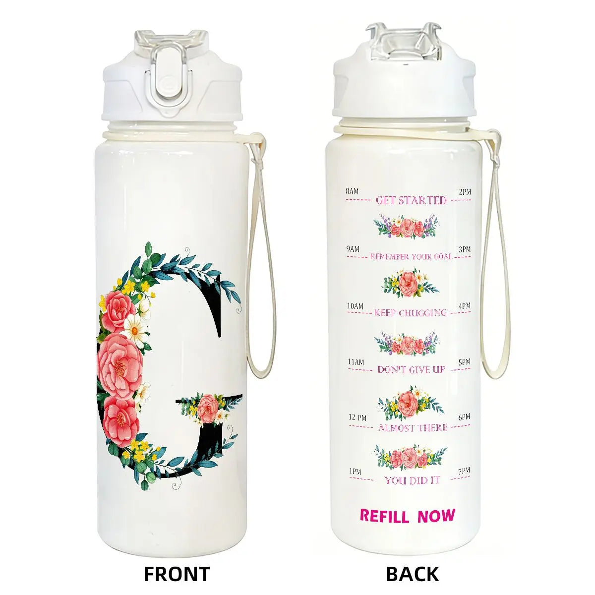 Front and back views of a white insulated straw tumbler featuring a large letter C design