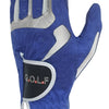 A blue performance golf grip glove with gray accents and a black patch featuring the word GOLF.