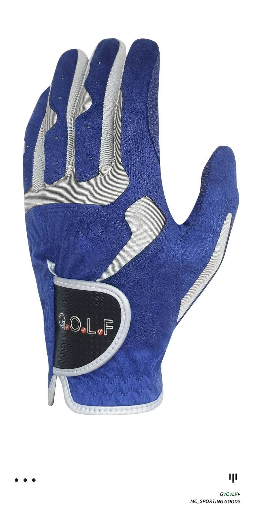 A blue performance golf grip glove with gray accents and a black patch featuring the word GOLF.