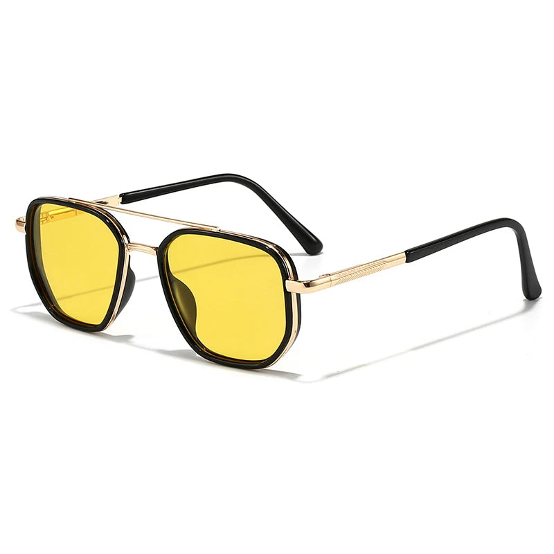 Classic retro square polarized sunglasses with yellow lenses and gold-toned metal frames.