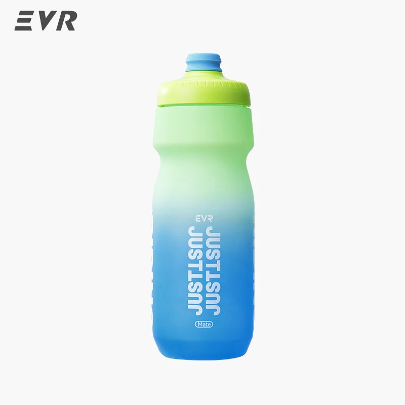 A light green and blue squeezable cycling water bottle.