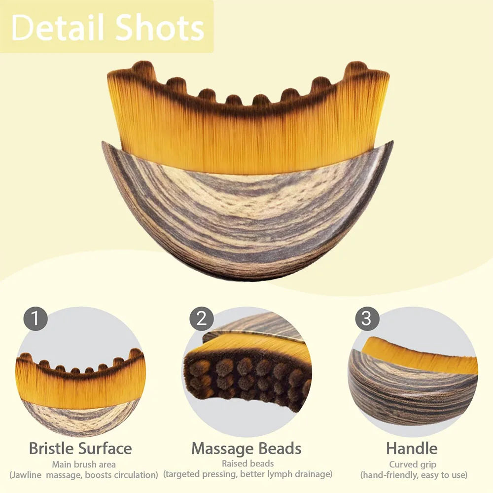 Detail shots of a natural bristle face brush showing the bristle surface, massage beads, and handle.