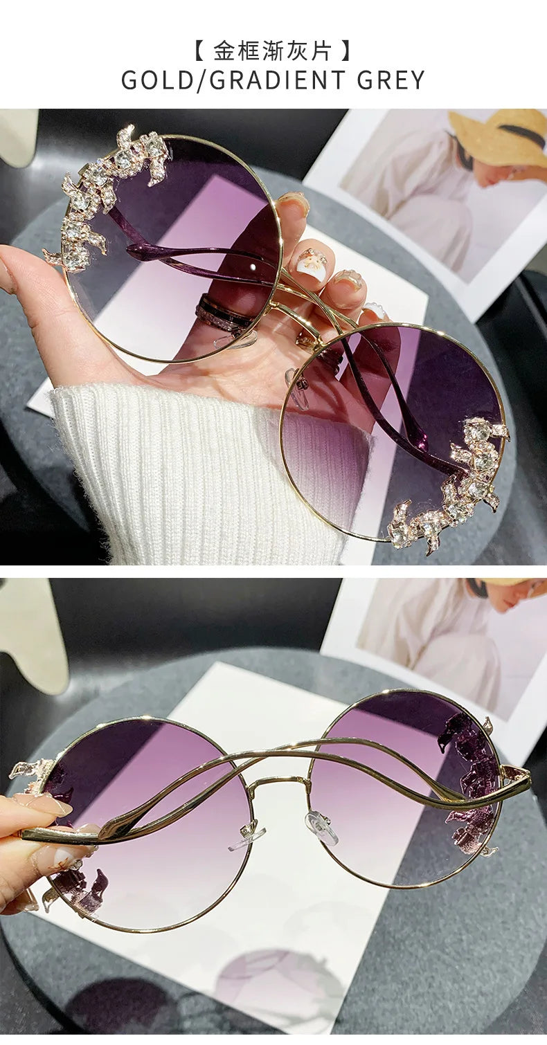 Women's Rhinestone Oversized Round Sunglasses with UV400 Protection