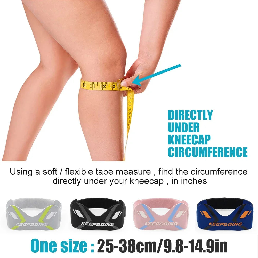 A hand is measuring the circumference directly under a kneecap using a yellow tape measure for knee support.