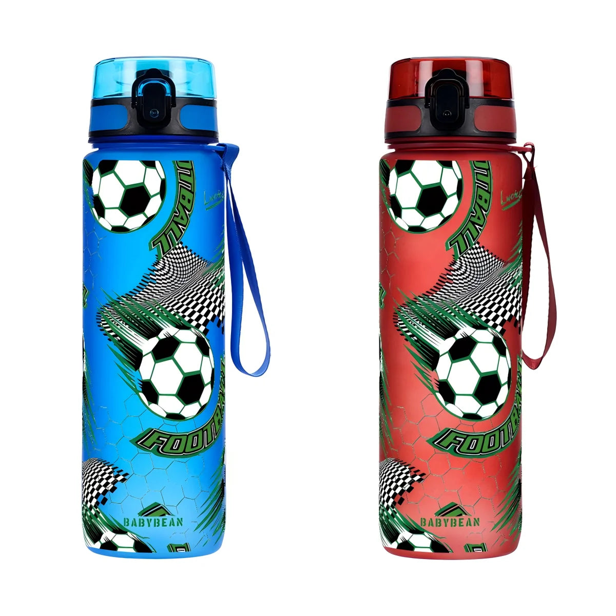 A pair of sports water bottles, one blue and one red, featuring a football pattern.