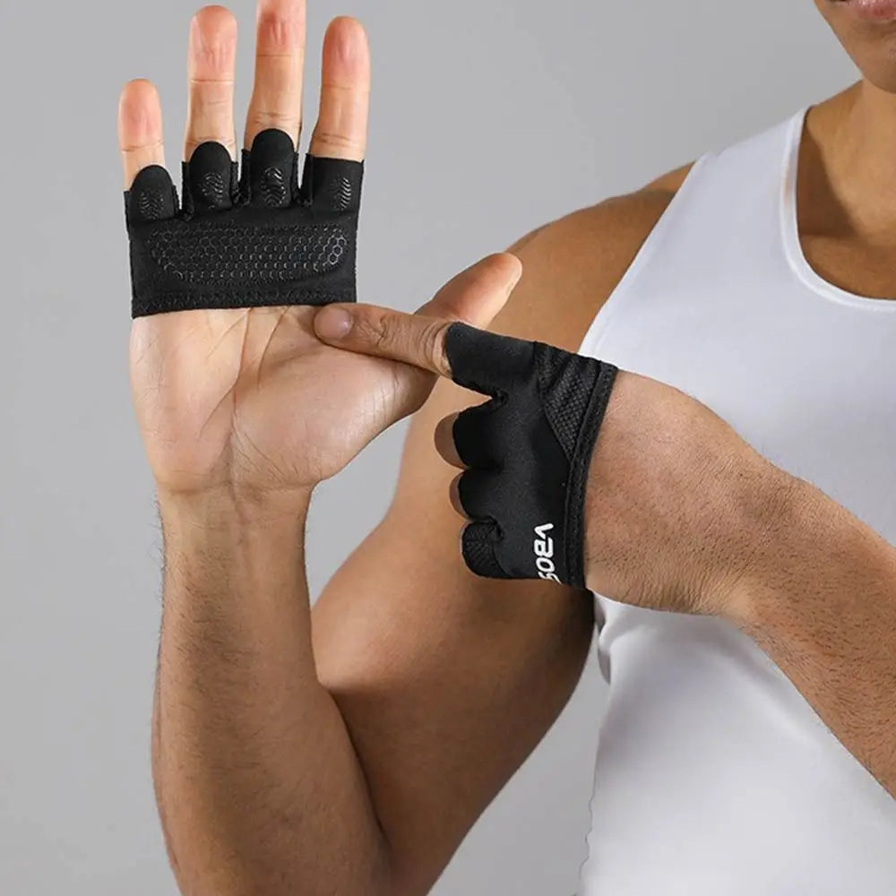 A hand wearing black ergonomic anti-slip gym lifting gloves, demonstrating grip and protection.
