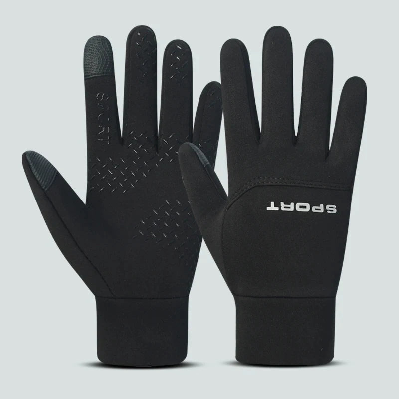 A pair of black sports football gloves for outdoor activities shown against a light gray background.