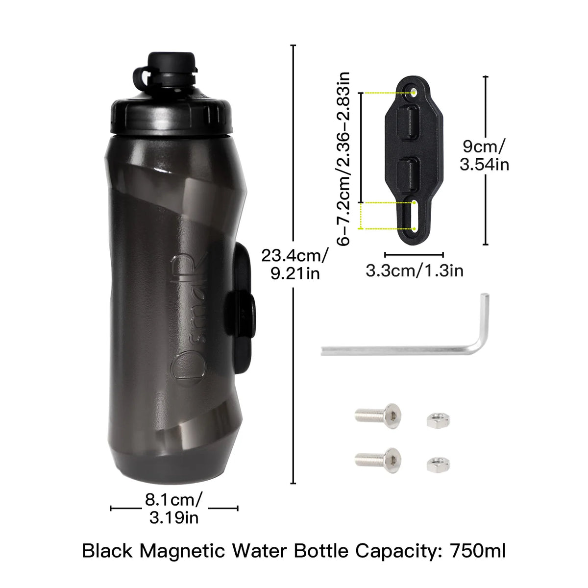 Black magnetic water bottle with a quick-release cap and mounting hardware.