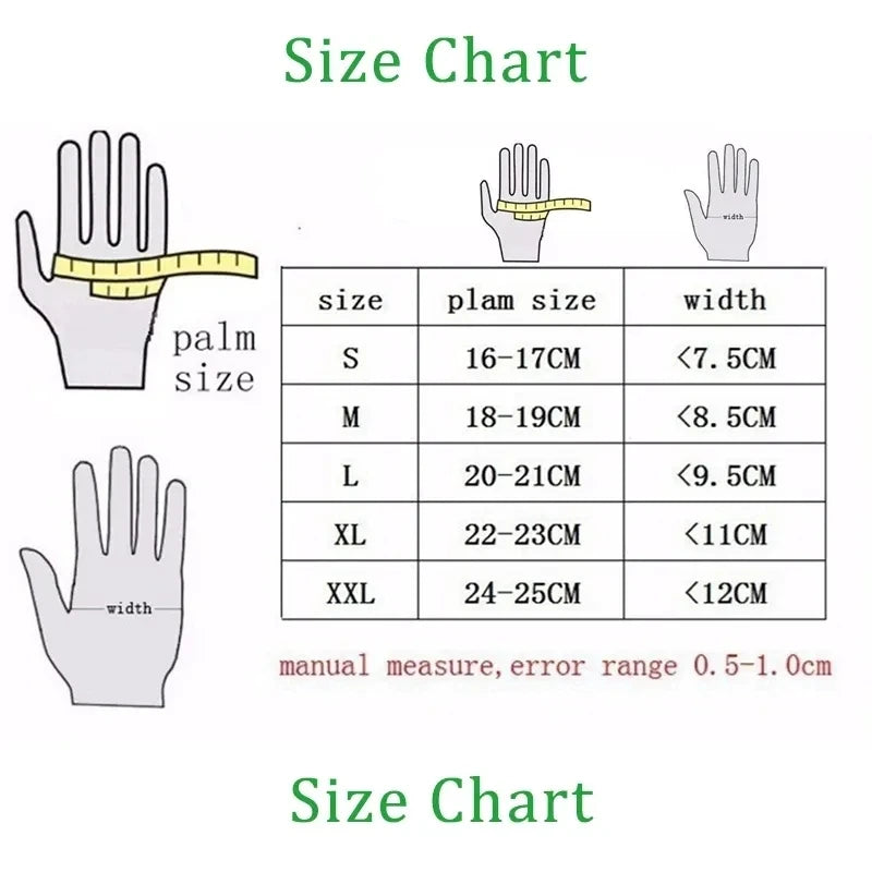 Size chart showing hand sizes and corresponding measurements for S, M, L, XL, and XXL sizes.