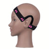 A mannequin head displays an adjustable lace wig band for hair edges in black with pink bows.