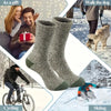 A collection of grey merino wool hiking socks shown in various winter outdoor activities.