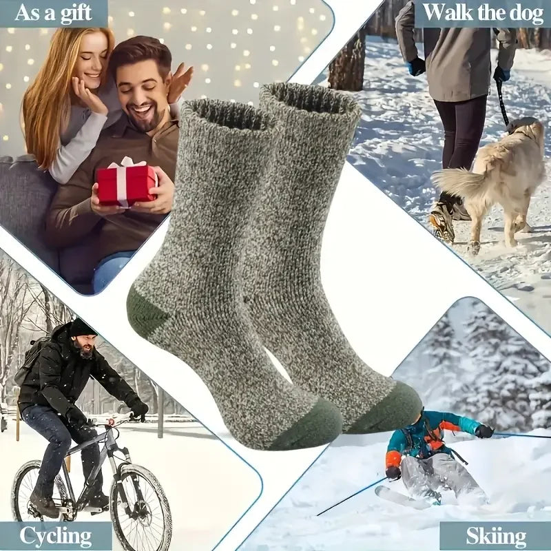 A collection of grey merino wool hiking socks shown in various winter outdoor activities.