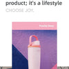A pink insulated stainless steel travel mug is displayed against a purple and blue geometric background.