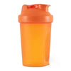An orange portable protein shaker bottle with a dome lid.